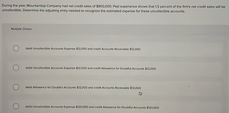 During the year, Mountaintop Company had net credit sales of $800,000. Past experience shows that 1.5 percent of the firm's net credit sales will be
uncollectible. Determine the adjusting entry needed to recognize the estimated expense for these uncollectible accounts.
Multiple Choice
debit Uncollectible Accounts Expense $12,000 and credit Accounts Receivable $12,000
debit Uncollectible Accounts Expense $12,000 and credit Allowance for Doubtful Accounts $12,000
debit Allowance for Doubtful Accounts $12,000 and credit Accounts Receivable $12,000
debit Uncollectible Accounts Expense $120,000 and credit Allowance for Doubtful Accounts $120,000