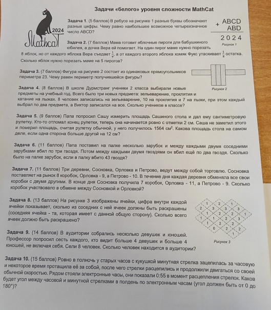 Задачи «белого» уровня сложности МаthСаt
Задача 1. (5 баллов) В ребусе на рисунке 1 разные буквы обозначат
2024 чмcл0 ABCD? разные цифры. Нему равно наибольее воаможное четырехначное
Ilatical Задача 2. (7 баллов) Мама готовκт яблочные лироги для бабушкиного frac beginarrayr ABCD +ABDendarray 2024 Puсунок 1
юбилея, а дοчка Βера σй помοгает. Наодиη πирог маме нужно порезаτι
8 яблок, но от κаждοго яблока Вера съедает  1/y , а от какдого второго яблока хомяк Φукс утаскивает  1/8  octatKa.
Cколько яблок нулно πорезать маме hа 5 пирогоа?
Задача 3. (7 баллов) Фнгура нарисунке 2 состоит изодинакоеьх лрямоугольников
лернметра 23. чему равен πеримеτр получнвшейся фигурм
Зафача 4. (8 баллов) в школе Дурмстранг ученики 2 класса выбирали новые Pusjhak 2
лредметν на учебныйгод. Всего было τри новьх лредмета: зельеварение, проклятия и
катание на льеках. 8 человек залисались на зельеварение, 10 на проклятия и 7 на лыки, при этом каждый
выбрал ло двалредмета, а Виктор залисался на все. Сколько учеιиковвкласce?
Задача 5. (9 баллов) Пала полросил Сашу измерить πлошадь Сашиного стола и дал ему сантиметровуюо
рулетку. Кто-то отломал конец рулеткм, телерь она начинается ровно с отметки 2 см. Саша не заметил зтого
и ломерил ллошадь, считая рулетку обьной, у него лолучилось 1564cm^2. Κакова плошадь стола на самом
деле, если одна сторона больше другой на 12 см?
Задача 6. (11 баллове Пала поставил налалке несколько зарубок и меίκду каждыми двумя соседними
зарубками вбил πо τри гвоздя. Потом мехду квκдыми двумя гвоздями он вбил еше по два гвоздя. Сколько
было на лалке зарубок, если в лалку вбито 43 гвоздя?
Задача 7. (11 балловη Три деревни, Сосновка, Орίловкаеиη Πίеτρрίоαвеоαδведуτόδмеκду собой τорговлιо. Сосновка
лоставляет наерьнокαδδ κроробеокί Орелίовка - 9, а Πеτрίово - 1. Втечение дня κаждая дерееня обменялавсе свои
коробки с двумядругими. Веконце дня Сосновка лоαлучила 7 коробокη Орλловка - 11, а Πеτрίово - 9. Сколько
коробок участвовалов обмене межлу Сосновкой и Орловкой?
задача 8. (13 баллов) На рисунке 3 изображены ячейки, цифра внуτри κаждой
ячейки локазывает, сколько из соседних с ней ячеек должны быть раскрашены
(соседняя ячейка - тае κоторая имеет с даннойобшуюо сторону). Сколько всего
ячеек должно быть раскрашено?
задача 9. (14 баллов) В аудитории собрались несколько девушеки юоношей.
Πрофессор лолросил сесть каждого, κτο видит больше 4 девушек и больше 4
юоношей, не вклюочая себя. Сели δ человек. Сколько человек находится в аудитории?
Задача 10. (15 баллове Ровно велолночь у старых часов с кукушкой минутная стрелка зацелилась за часовуюо
и неκоτорοе время проτашила θё за собой, после чего стрелки расцепились и продолжили двигаτься со своей
обычной скоростыо. Рядом стояли злектронные часы, они локазали 0:55 в момент расцепления стрелок. Каков
будет угол между часовой и минутной стрелкамив лолдень ло злектронным часам (угол должен быть от О до
180°) ?