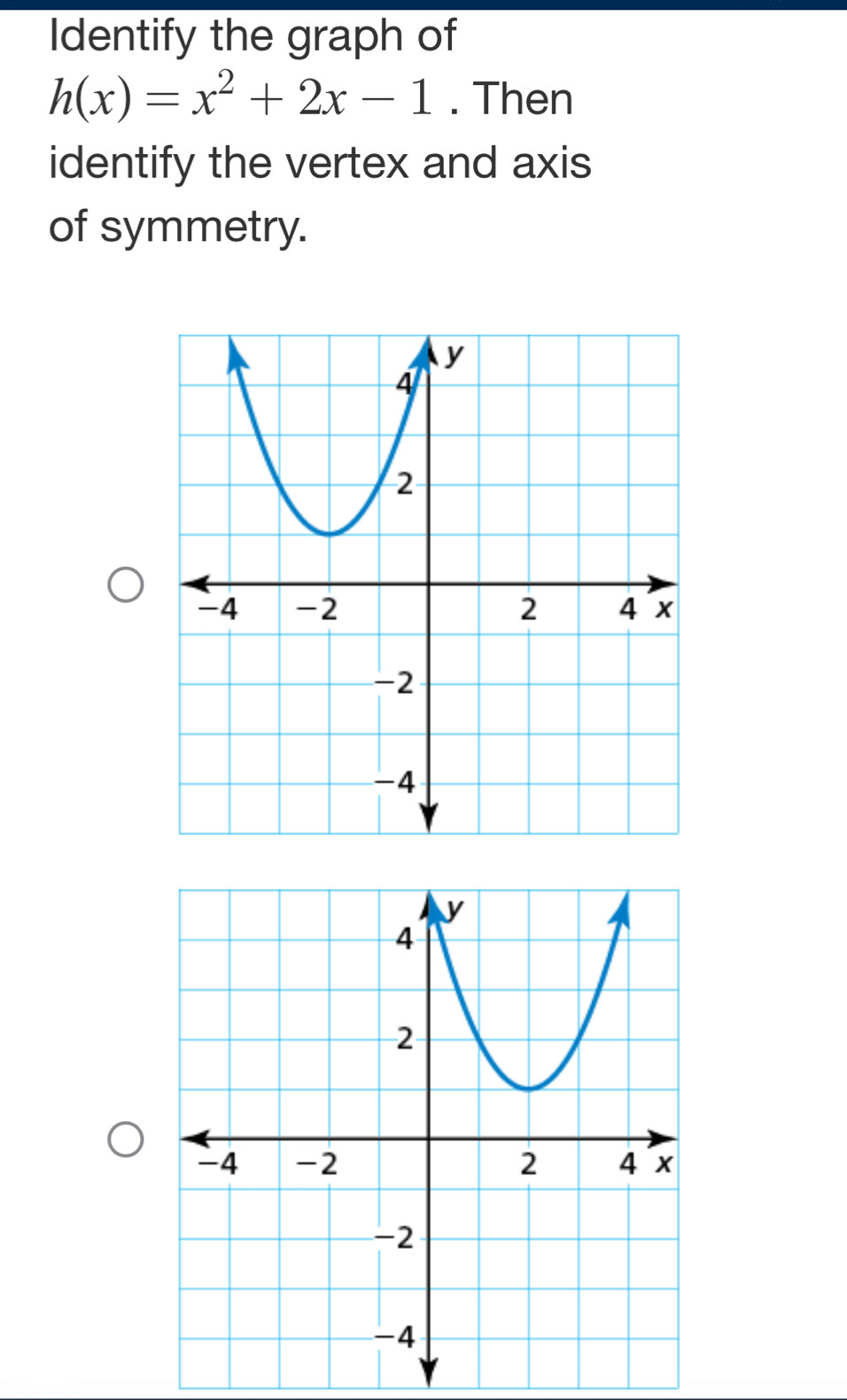 Identify the graph of
h(x)=x^2+2x-1. Then 
identify the vertex and axis 
of symmetry.