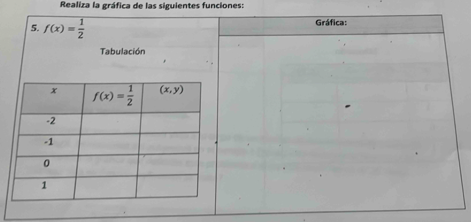 Realiza la gráfica de las siguientes funciones:
5. f(x)= 1/2 
Gráfica:
Tabulación