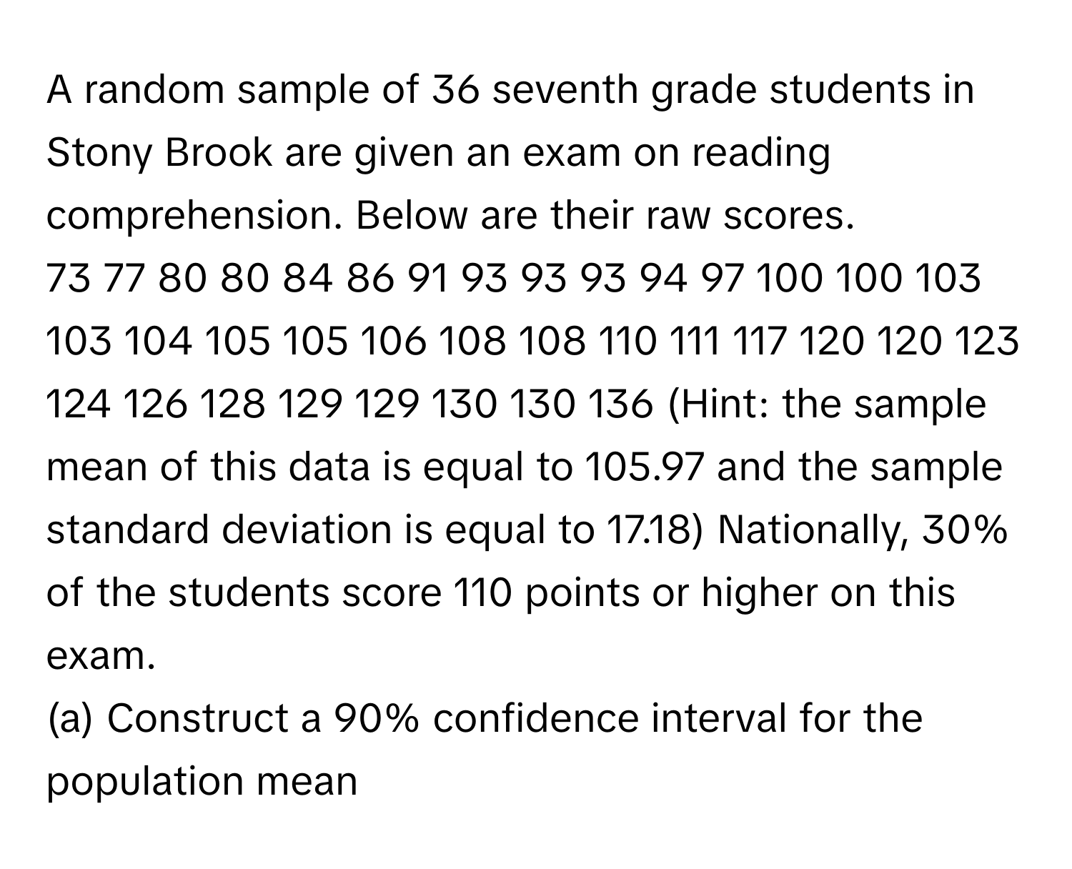 A random sample of 36 seventh grade students in Stony Brook are given an exam on reading comprehension. Below are their raw scores.

73 77 80 80 84 86 91 93 93 93 94 97 100 100 103 103 104 105 105 106 108 108 110 111 117 120 120 123 124 126 128 129 129 130 130 136 (Hint: the sample mean of this data is equal to 105.97 and the sample standard deviation is equal to 17.18) Nationally, 30% of the students score 110 points or higher on this exam. 

(a) Construct a 90% confidence interval for the population mean