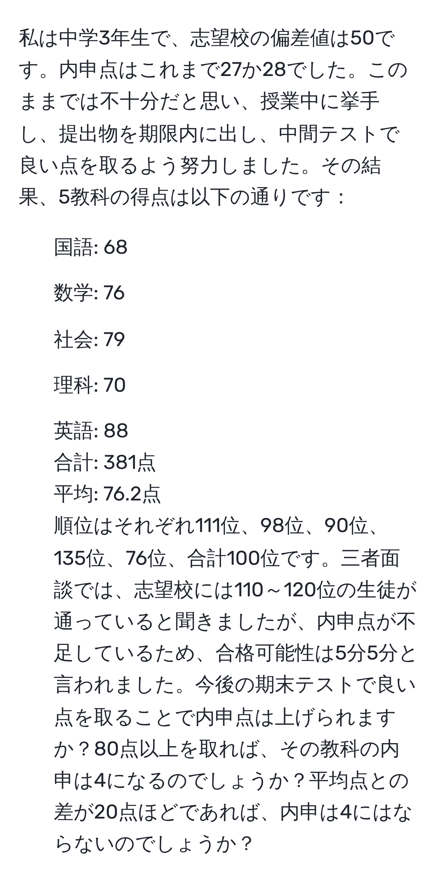 私は中学3年生で、志望校の偏差値は50です。内申点はこれまで27か28でした。このままでは不十分だと思い、授業中に挙手し、提出物を期限内に出し、中間テストで良い点を取るよう努力しました。その結果、5教科の得点は以下の通りです：  
- 国語: 68  
- 数学: 76  
- 社会: 79  
- 理科: 70  
- 英語: 88  
合計: 381点  
平均: 76.2点  
順位はそれぞれ111位、98位、90位、135位、76位、合計100位です。三者面談では、志望校には110～120位の生徒が通っていると聞きましたが、内申点が不足しているため、合格可能性は5分5分と言われました。今後の期末テストで良い点を取ることで内申点は上げられますか？80点以上を取れば、その教科の内申は4になるのでしょうか？平均点との差が20点ほどであれば、内申は4にはならないのでしょうか？