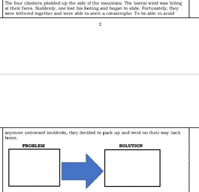 The four climbers plodded up the side of the mountain. The boreal wind was biting 
at their faces. Suddenly, one lost his footing and began to slide. Fortunately, they 
were tethered together and were able to avert a catastrophe. To be able to avoid 
2 
anymore untoward incidents, they decided to pack up and went on their way back 
home.