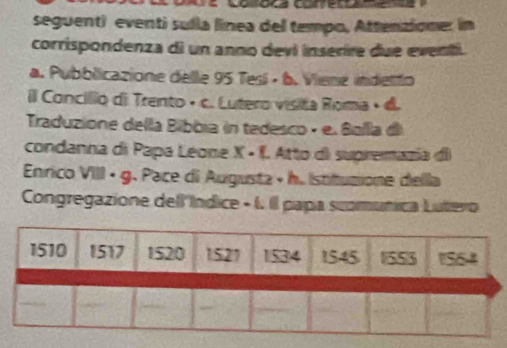 oca conrerrame 
seguent) eventi sulla línea del tempo, Attenzione: in 
corrispondenza di un anno devi inserire due eventi. 
a. Pubblicazione delle 95 Tesí · b. Viene inderto 
il Concillo di Trento • c. Lutero vísita Roma • d. 
Traduzione della Bibbia in tedesco · e. Balla đi 
condanna di Papa Leone X =8 I. Atto dl supremazía di a 
Enrico VIII · g. Pace di Augusta + h. Istitutione della 
Congregazione dell Índice - (. Il papa scomunica Lutero