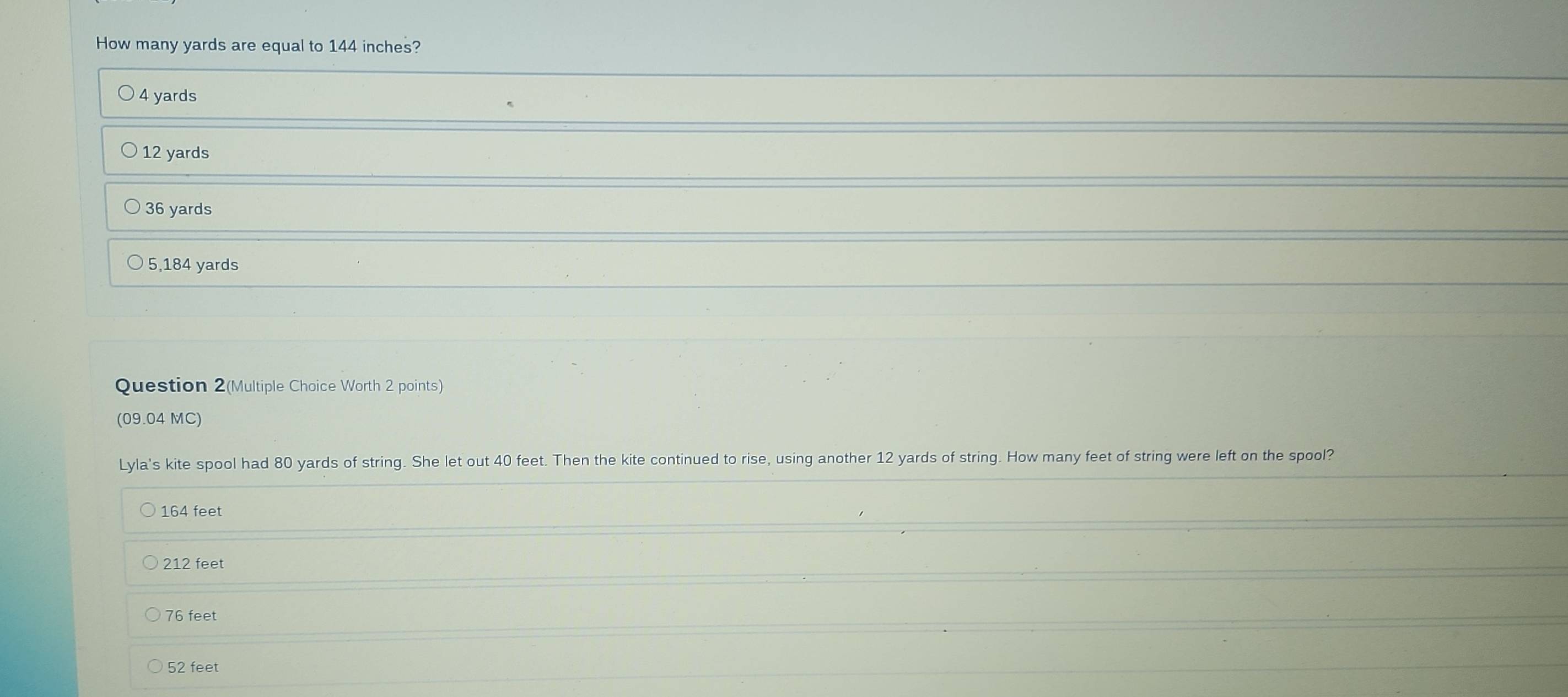 Solved: How many yards are equal to 144 inches? 4 yards 12 yards 36 ...