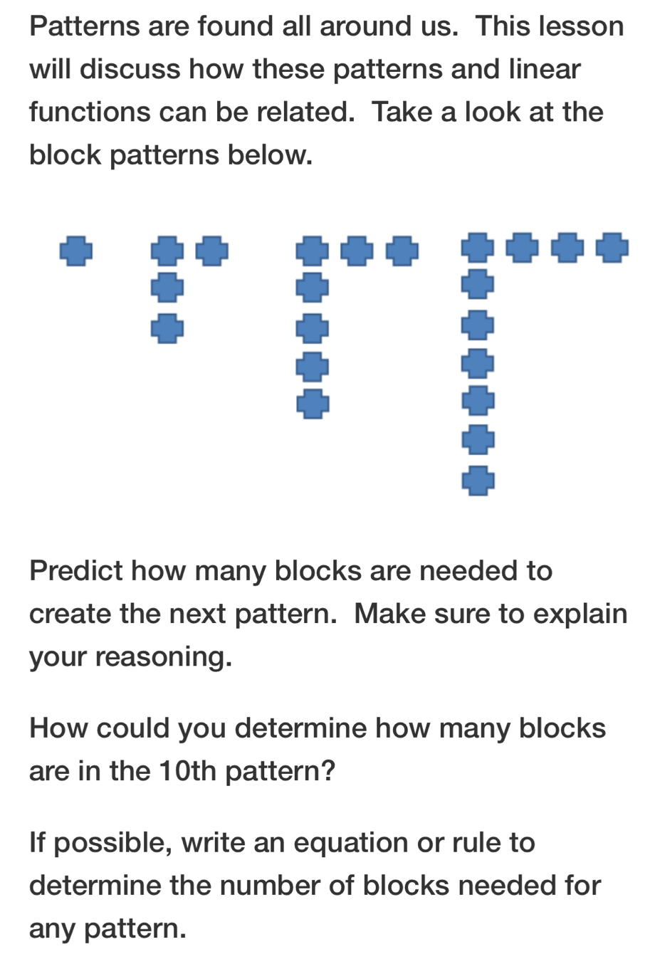 Patterns are found all around us. This lesson 
will discuss how these patterns and linear 
functions can be related. Take a look at the 
block patterns below. 
Predict how many blocks are needed to 
create the next pattern. Make sure to explain 
your reasoning. 
How could you determine how many blocks 
are in the 10th pattern? 
If possible, write an equation or rule to 
determine the number of blocks needed for 
any pattern.