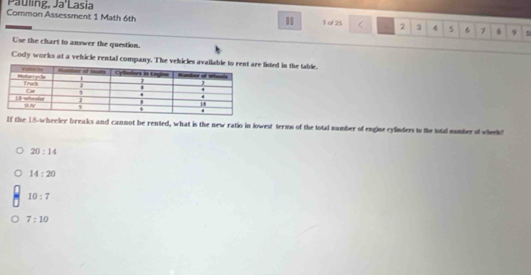 Pauling, Ja'Lasia
.
Common Assessment 1 Math 6th 1ol 25 2 3 4 5 6 7 9
Use the chart to answer the question.
Cody works at a vehicle rental company. The vehicles avaiisted in the table.
If the 18 -wheeler breaks and cannot be rented, what is the new ratio in lowest terms of the total number of engine cylinders to the totd number of wherk?
20:14
14:20
10:7
7:10