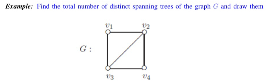 Example: Find the total number of distinct spanning trees of the graph G and draw them
G :