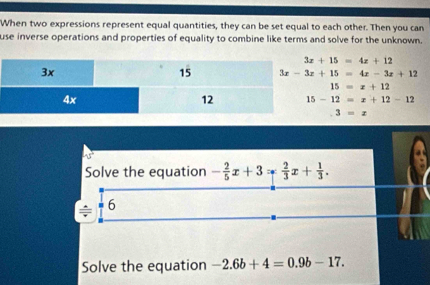 When two expressions represent equal quantities, they can be set equal to each other. Then you can 
use inverse operations and properties of equality to combine like terms and solve for the unknown.
3x+15=4x+12
3x-3x+15=4x-3x+12
15=x+12
15-12=x+12-12
3=x
Solve the equation - 2/5 x+3= 2/3 x+ 1/3 .
/ 6
Solve the equation -2.6b+4=0.9b-17.