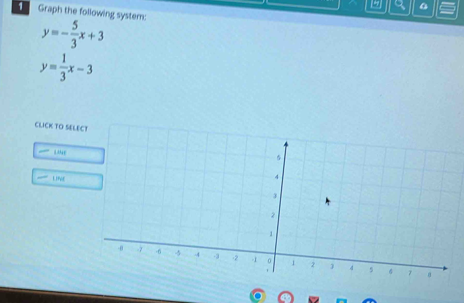 a
1 Graph the following system:
y=- 5/3 x+3
y= 1/3 x-3
CLICK TO SELE
LINE
LINE