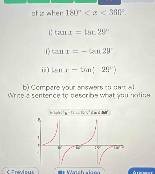 of x when 180°
i) tan x=tan 29°
ii) tan x=-tan 29°
iii) tan x=tan (-29°)
b) Compare your answers to part a).
Write a sentence to describe what you notice.
Graph of y=tan x for 0°≤ x≤ 360°
Previous Watch video Answer