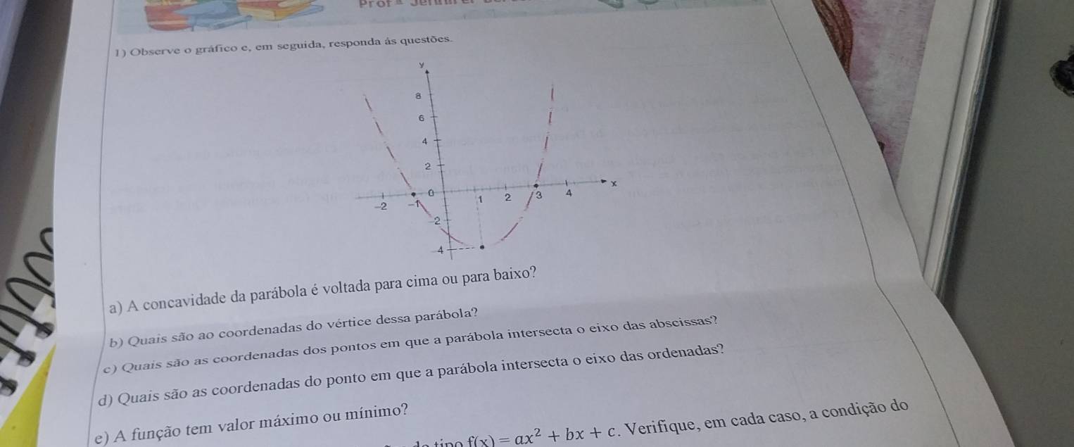 Observe o gráfico e, em seguida, responda ás questões. 
a) A concavidade da parábola é voltada para cima ou para baixo? 
b) Quais são ao coordenadas do vértice dessa parábola? 
c) Quais são as coordenadas dos pontos em que a parábola intersecta o eixo das abscissas? 
d) Quais são as coordenadas do ponto em que a parábola intersecta o eixo das ordenadas?
f(x)=ax^2+bx+c. Verifique, em cada caso, a condição do 
e) A função tem valor máximo ou mínimo?