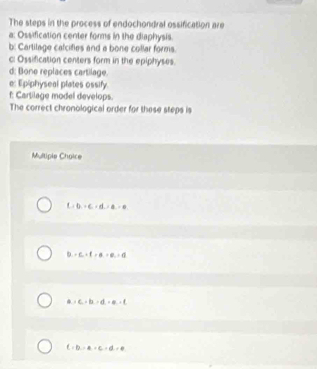 The steps in the process of endochondral ossification are
a: Ossification center forms in the diaphysis.
b: Cartilage calcifies and a bone collar forms.
c: Ossification centers form in the epiphyses.
d: Bone replaces cartilage.
e: Epiphyseal plates ossify.
f: Cartilage model develops.
The correct chronological order for these steps is
Multipie Choice
L∠ D.+c.+d.=a.=
b. -c.+f=a.+a.=d
0. · c.+b.· d.· e.+f.
C=b,-a,c,d,=0