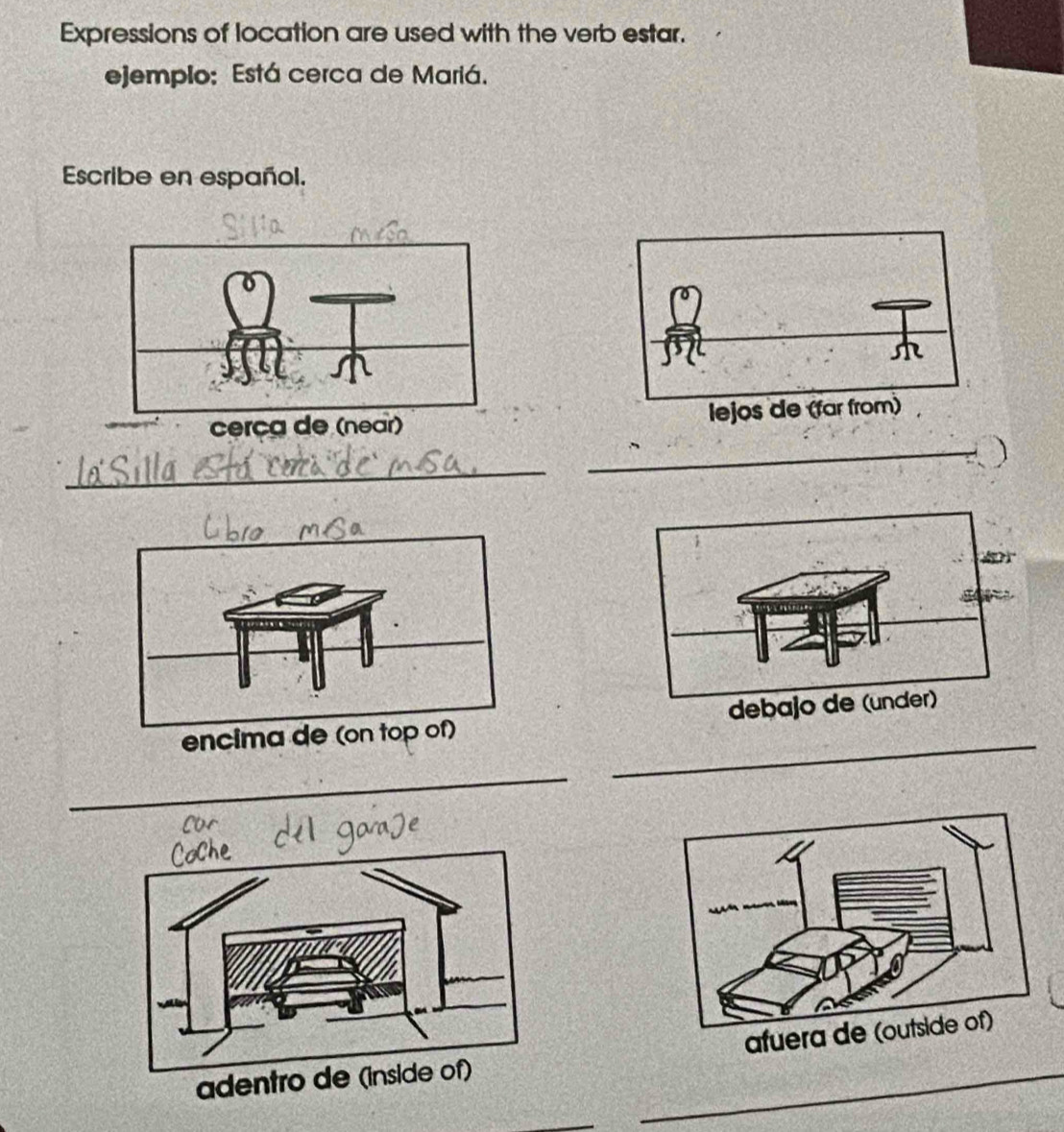 Expressions of location are used with the verb estar. 
ejemplo: Está cerca de Mariá. 
Escribe en español. 

_ 
_) 

_ 
_ 
_