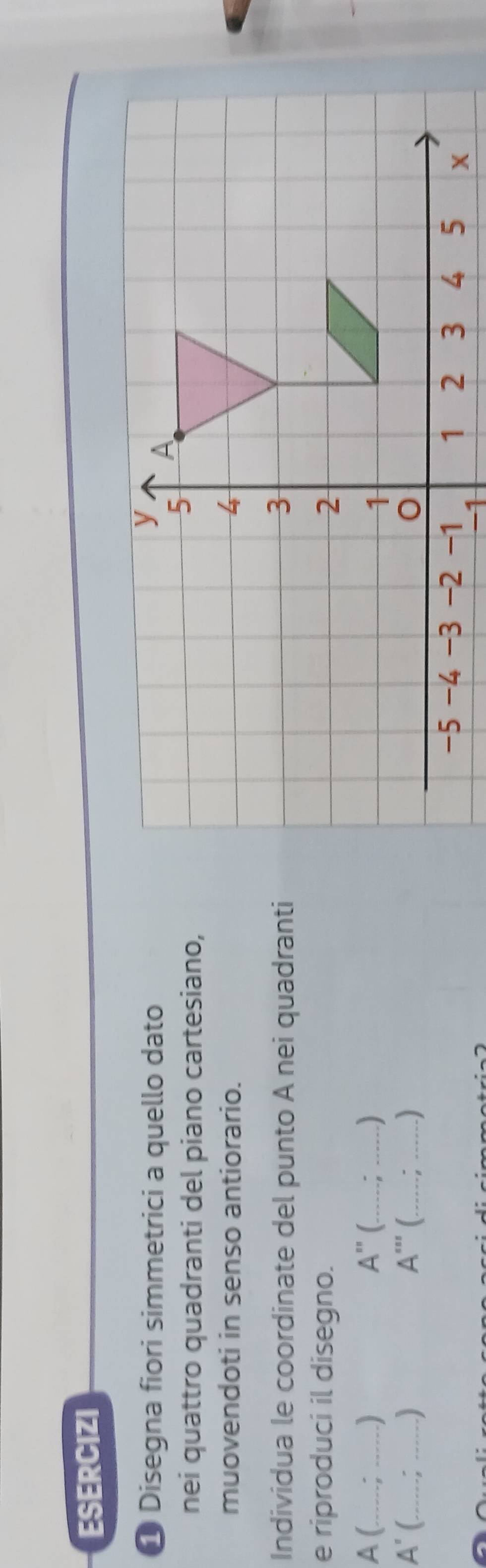ESERCIZI 
❶ Disegna fiori simmetrici a quello dato 
nei quattro quadranti del piano cartesiano, 
muovendoti in senso antiorario. 
Individua le coordinate del punto A nei quadranti 
e riproduci il disegno. 
A (_ _) A'' _ 
_ 
A' _I _) A''' _ :_