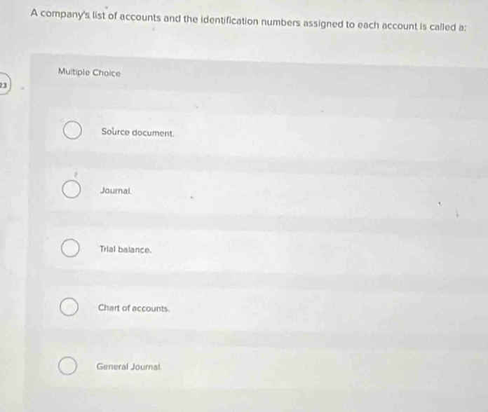 A company's list of accounts and the identification numbers assigned to each account is called a:
Multiple Choice
23
Source document.
Journal.
Trial balance.
Chart of accounts.
General Journal.