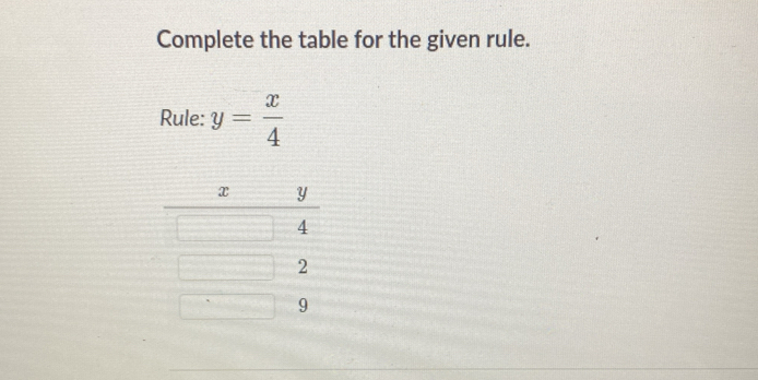 Solved: Complete the table for the given rule. Rule: y= x/4 [Math]