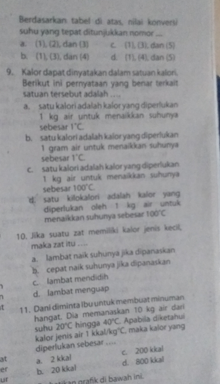 Berdasarkan tabel dì atas, nilai konversi
suhu yang tepat ditunjukkan nomor ....
a. (1), (2), dan (3) C (1),(3) dan (5)
b. (1), (3), dan (4) d. (1),(4) , dan (5)
9. Kalor dapat dinyatakan dalam satuan kalori.
Berikut ini pernyataan yang benar terkait
satuan tersebut adalah ....
a. satu kalori adalah kalor yang diperlukan
1 kg air untuk menaikkan suhunya
sebesar 1°C
b. satu kalori adalah kalor yang diperlukan
1 gram air untuk menaikkan suhunya
sebesar 1°C.
c. satu kalori adalah kalor yang diperlukan
1 kg air untuk menaikkan suhunya
sebesar 100°C
d; satu kilokalori adalah kalor yang
diperlukan oleh 1 kg air untuk
menaikkan suhunya sebesar 100°C
10. Jika suatu zat memiliki kalor jenis kecil,
maka zat itu ....
a. lambat naik suhunya jika dipanaskan
b. cepat naik suhunya jika dipanaskan
c. lambat mendidih
1 d. lambat menguap
t 11. Dani diminta Ibu untuk membuat minuman
hangat. Dia memanaskan 10 kg air dari
suhu 20°C hingga 40°C. Apabila diketahui
kalor jenis air 1 kkal/ g°C , maka kalor yang
diperlukan sebesar ....
c. 200 kkal
at a. 2 kkal
d. 800 kkal
er b. 20 kkal
ur uikan grafik di bawah ini.