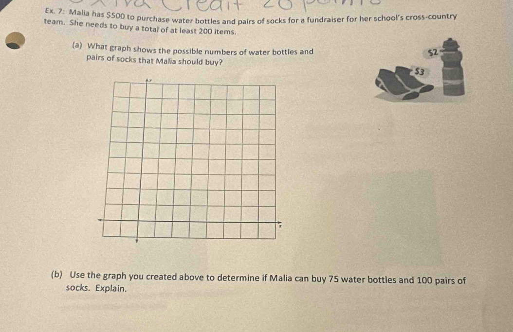 Ex. 7: Malia has $500 to purchase water bottles and pairs of socks for a fundraiser for her school’s cross-country 
team. She needs to buy a total of at least 200 items. 
(a) What graph shows the possible numbers of water bottles and 
pairs of socks that Malia should buy? 
(b) Use the graph you created above to determine if Malia can buy 75 water bottles and 100 pairs of 
socks. Explain.