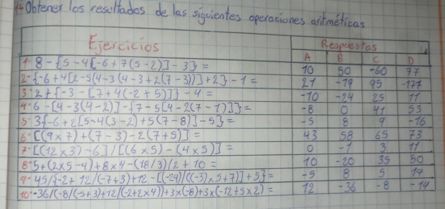 Obtener los resultados de las siguientes opera