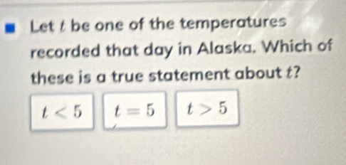 Let t be one of the temperatures
recorded that day in Alaska. Which of
these is a true statement about t?
t<5</tex> t=5 t>5