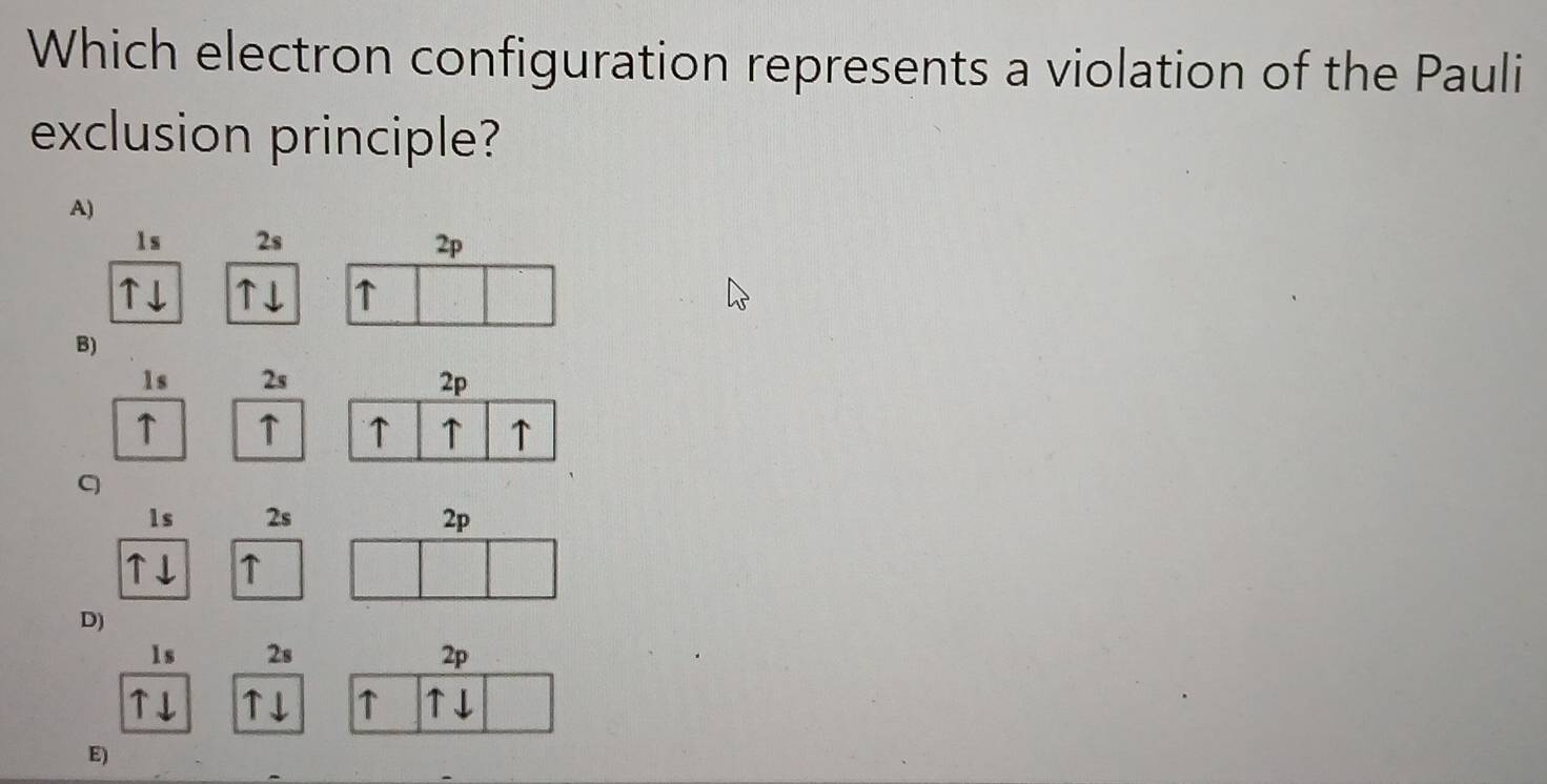 Which electron configuration represents a violation of the Pauli
exclusion principle?
A)
1s 2s 2p
↑
B)
1s 2s 2p
↑ ↑ ↑ ↑ ↑
q
1s 2s 2p
↑
D)
1s 2s 2p
↑ ↑
E)