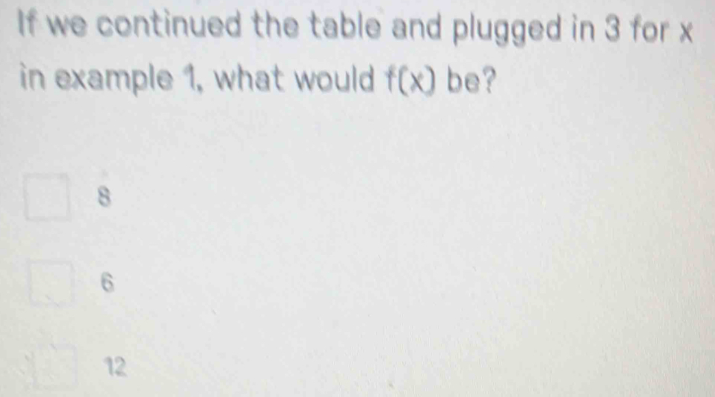 If we continued the table and plugged in 3 for x
in example 1, what would f(x) be?
8
6
12