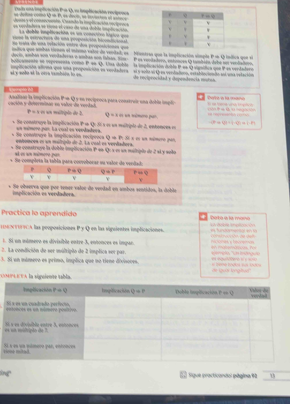 Dada una implicación P → Q, su implicación recíproca
se defne como Q − P, es decir, se invierten el antece-
dente y el consecuente, Cuando la implicación recíproca
es verdadera se tiene el caso de una doble implicación.
La doble implicación es un conectivo lógico que
tiene la estructura de una proposición bicondicional.
Se trata de una relación entre dos proposiciones que
índica que ambas tienen el mismo valor de verdad; es Mientras que la implicación simple P → Q indica que si
decir, ambas son verdaderas o ambas son falsas. Sim- P es verdadero, entonces Q también debe ser verdadero,
bolicamente se representa como P « Q. Una doble la implicación doble P « Q significa que P es verdadero
implicación afirma que una proposición es verdadera  si y solo si Q es verdadero, estableciendo así una relación
si y solo sí la otra también ló es. de reciprocidad y dependencia mutua.
emplo 02
Dato a la maño
Analizar la implicación P → Q y su recíproca para construir una doble impli- Sí se tiene una implica
cación y determinar su valor de verdad. ción P ½ G, la negación
P=x es un múltiplo de 2. O =xes un número par . se representa como:
=(PRightarrow Q)=(-Q)Rightarrow (-P)
+ Se construye la implicación P → Q: Si x es un múltiplo de 2, entonces es
un número par. La cual es verdadera.
Se construye la implicación recíproca QRightarrow h(s) : es un número par,
entonces es un múltiplo de 2. La cual es verdadera.
Se construye la doble implicación () « Q: x es un múltiplo de 2 sì y solo
si es un número par.
Se completa la tabla para corroborar su valor de verda
* Se observa que por tener valor de verdad en ambos sentidos, la doble
implicación es verdadera.
Practica lo aprendido Dato a la maño
C
La doble implicación
IDENTIFICA las proposiciones P y Q en las siguientes implicaciones. s     ament l en l 
construcción de delr 
1. Si un número es divisible entre 3, entonces es impar. niciones y teoremas
en matemáticas. Por
2. La condición de ser múltiplo de 2 implica ser par. ejemplo, " Un triángulo
3. Si un número es primo, implica que no tiene divisores. es equilátero sí y solo
de igual longitua''.
COM P E t A la siguiente tabla.
t
ing  Sigue practicando: página 92 13