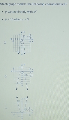 Which graph models the following characteristics?
y varies directly with x^2
y=15 when x=3