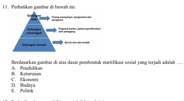 Perhatikan gambar di bawah ini:
Berdasarkan gambar di atas dasar pembentuk startifikasi sosial yang terjadi adalah ….
A. Pendidikan
B. Keturunan
C. Ekonomi
D. Budaya
E. Politik