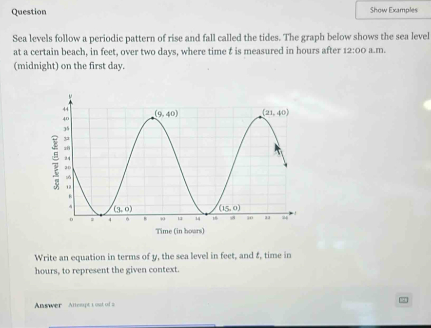 Question Show Examples
Sea levels follow a periodic pattern of rise and fall called the tides. The graph below shows the sea level
at a certain beach, in feet, over two days, where time t is measured in hours after 12:00 a.m.
(midnight) on the first day.
Write an equation in terms of y, the sea level in feet, and t, time in
hours, to represent the given context.
Answer Attempt 1 out of 2