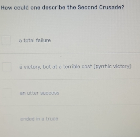 How could one describe the Second Crusade?
a total failure
à victory, but at a terrible cost (pyrrhic victory)
an utter success
ended in a truce