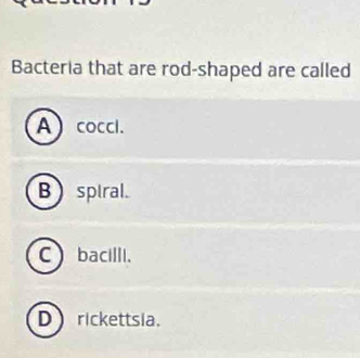 Bacteria that are rod-shaped are called
A coccl.
Bspiral.
C bacilli.
Drickettsia.