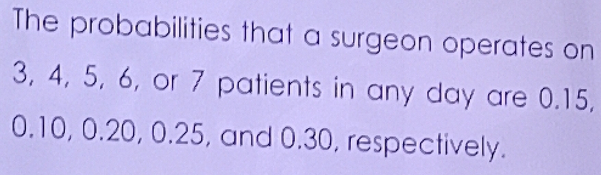 The probabilities that a surgeon operates on
3, 4, 5, 6, or 7 patients in any day are 0.15,
0.10, 0.20, 0.25, and 0.30, respectively.