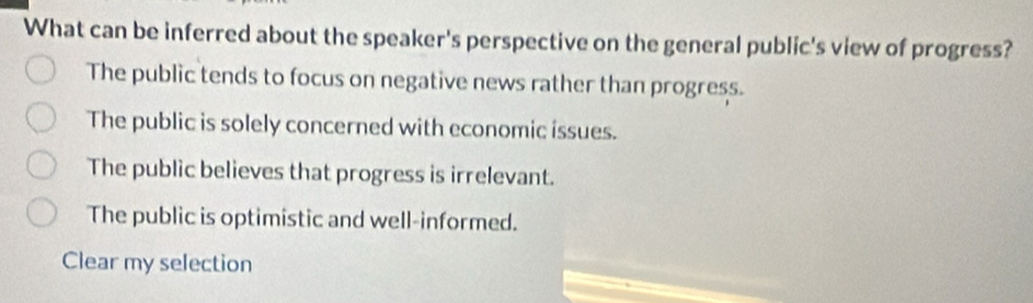 What can be inferred about the speaker's perspective on the general public's view of progress?
The public tends to focus on negative news rather than progress.
The public is solely concerned with economic issues.
The public believes that progress is irrelevant.
The public is optimistic and well-informed.
Clear my selection