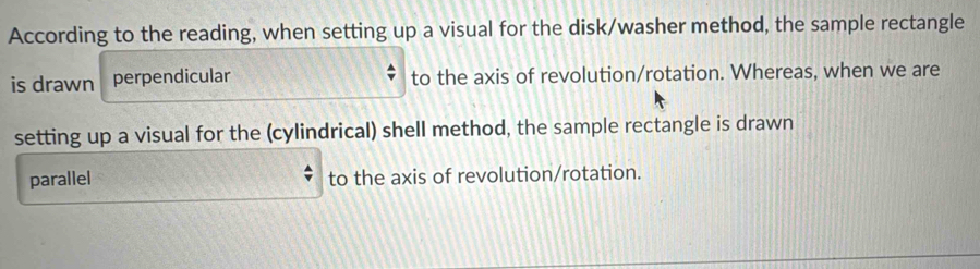 According to the reading, when setting up a visual for the disk/washer method, the sample rectangle 
is drawn perpendicular to the axis of revolution/rotation. Whereas, when we are 
setting up a visual for the (cylindrical) shell method, the sample rectangle is drawn 
parallel to the axis of revolution/rotation.