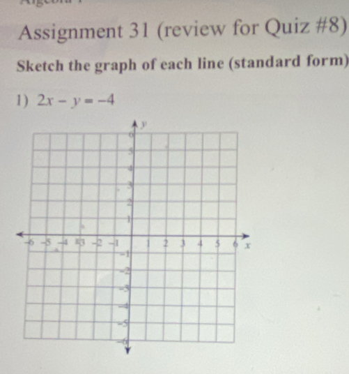 Assignment 31 (review for Quiz #8) 
Sketch the graph of each line (standard form) 
1) 2x-y=-4