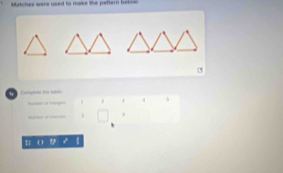 Matches were used to make the pattern below.
Complete the table
humber ot tmingles 4 4
Hamber of stalstons a □ 9
1: ( ) 17 d 2