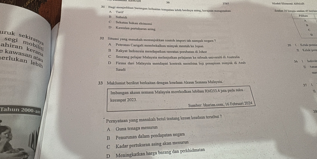 Modul Ekonomi ASMAH
3767
31 Bagi menjadikan barangan keluaran tempatan lebih berdaya saing, kerajaan mengenakan Soalan 35 binggn soalan 40 bendas
A Tarif
B Subsidi
C Sekatan bukan ekonomi
D Kawalan pertukaran asing
uruk sekiranya
32 Situasi yang manakah menunjukkan contoh import tak nampak negara ?
segi mobiliti
A Petronas Carigali membekalkan minyak mentah ke Jepun 35 1 Kelnk perma
ahiran kerana
B Rakyat Indonesia mendapatkan rawatan perubatan di Johor II Keluk per
e kawasan atau
C Seorang pelajar Malaysia melanjutkan pelajaran ke sebuah universiti di Australia
erlukan lebíiḥ
D Firma dari Malaysia mendapat kontrak membina loji penapisan minyak di Arab 36 1 Individ
Saudi II Anta
ma
33 Maklumat berikut berkaitan dengan keadaan Akaun Semasa Malaysia.
Imbangan akaun semasa Malaysia merekodkan lebihan RM253.4 juta pada suku 37 
keempat 2023.
Sumber: bharian.com, 16 Februari 2024
Tahun 2000 -an
38
Pernyataan yang manakah betul tentang kesan keadaan tersebut ?
A Guna tenaga menurun
B Penurunan dalam pendapatan negara
C Kadar pertukaran asing akan menurun
D Meningkatkan harga barang dan perkhidmatan