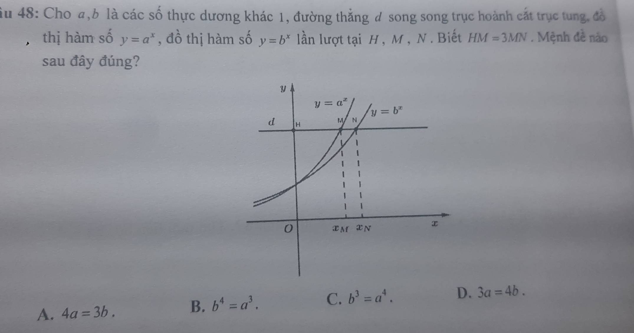 ầu 48: Cho a,b là các số thực dương khác 1, đường thẳng đ song song trục hoành cắt trục tung, đồ
thị hàm số y=a^x , đồ thị hàm số y=b^x lần lượt tại H , M , N . Biết HM=3MN. Mệnh đề nào
sau đây đúng?
A. 4a=3b.
B. b^4=a^3. C. b^3=a^4. D. 3a=4b.