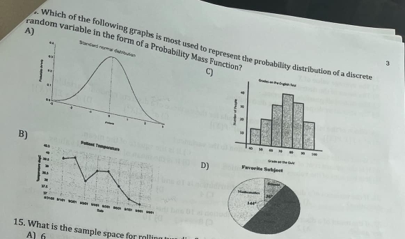 A)
random variable in thty Mass Function" C)
f Which of the following graphs used to represent the probability distribution of a discret
3
B)
D)
15. What is the sample space for rollin
Al 6