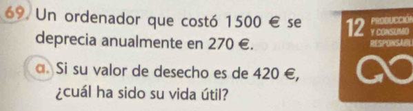 PRobUCción 
69. Un ordenador que costó 1500 € se 12 Y CONSUMD 
deprecia anualmente en 270 €. RESPONSABL 
α. Si su valor de desecho es de 420 €, 
¿cuál ha sido su vida útil?