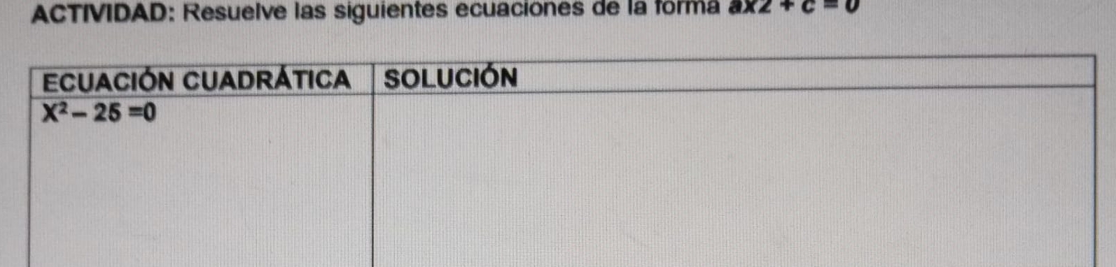 ACTIVIDAD: Resuelve las siguientes ecuaciones de la forma a* 2+c=0