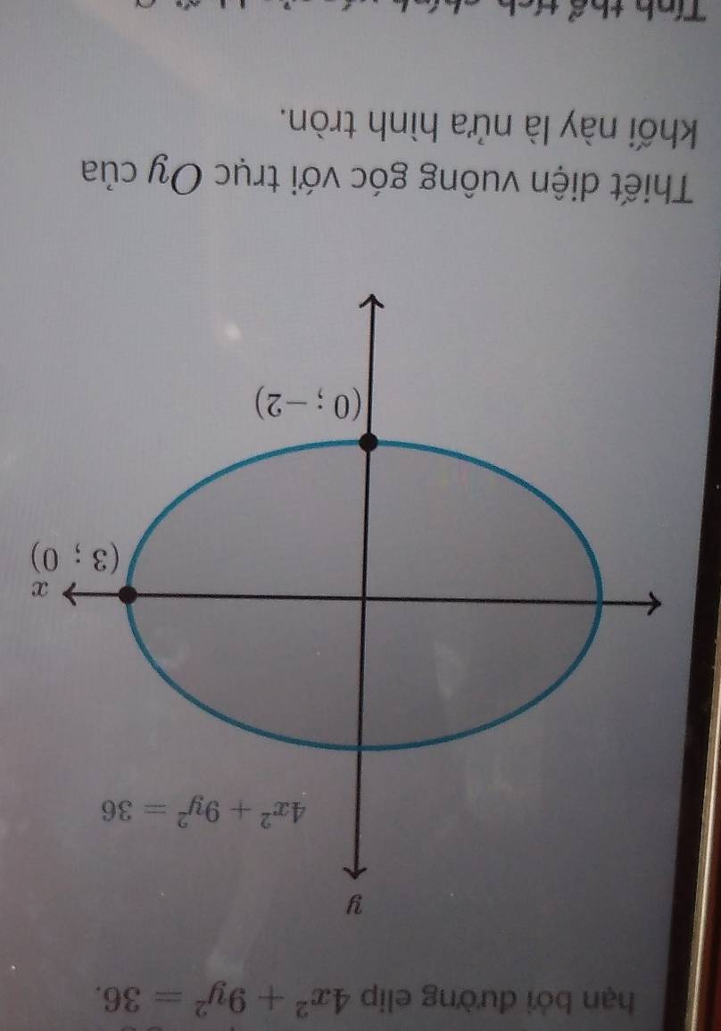 hạn bởi đường elip 4x^2+9y^2=36.
Thiết diện vuông góc với trục Oy của
khối này là nửa hình tròn.
Tính th