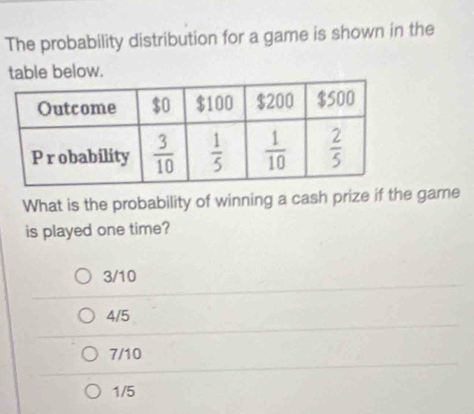 The probability distribution for a game is shown in the
table below.
What is the probability of winning a cash prize if the game
is played one time?
3/10
4/5
7/10
1/5