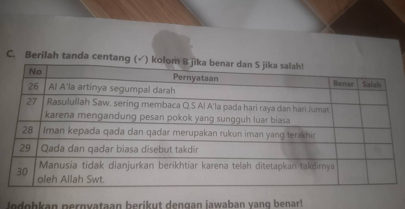 Berilah tanda centa 
Jodohkan pernyataan berikut dengan jawaban yang benar!