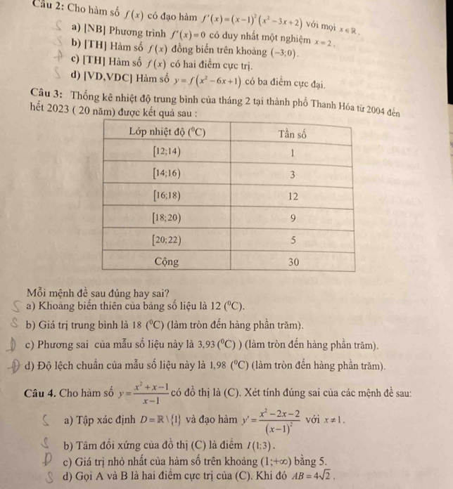 Cầu 2: Cho hàm số f(x) có đạo hàm f'(x)=(x-1)^2(x^2-3x+2) với mọi x∈ R,
a) [NB] Phương trình f'(x)=0 có duy nhất một nghiệm x=2.
b) [TH] Hàm số f(x) đồng biến trên khoảng (-3;0).
c) [TH] Hàm số f(x) có hai điểm cực trị.
d) [VD,VDC] Hàm số y=f(x^2-6x+1) có ba điểm cực đại.
Câu 3: Thống kê nhiệt độ trung bình của tháng 2 tại thành phố Thanh Hóa từ 2004 đến
hết 2023 ( 20 năm) được kế
Mỗi mệnh đề sau đúng hay sai?
a) Khoảng biến thiên của bảng số liệu là 12(^circ C).
b) Giá trị trung bình là 18 (^circ C) (làm tròn đến hàng phần trăm).
c) Phương sai của mẫu số liệu này là 3.93(^0C) ) (làm tròn đến hàng phần trăm)..
d) Độ lệch chuẩn của mẫu số liệu này là 1,98(^circ C) (làm tròn đến hàng phần trăm).
Câu 4. Cho hàm số y= (x^2+x-1)/x-1  có đồ thị là (C). Xét tính đúng sai của các mệnh đề sau:
a) Tập xác định D=Rvee  1 và đạo hàm y'=frac x^2-2x-2(x-1)^2 với x!= 1.
b) Tâm đối xứng của đồ thị (C) là điểm I(1:3).
c) Giá trị nhỏ nhất của hàm số trên khoảng (1;+∈fty ) bằng 5.
d) Gọi A và B là hai điểm cực trị của (C). Khi đó AB=4sqrt(2).