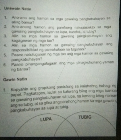 Unawain Natin 
1. Ano-ano ang hamon sa mga gawaing pangkabuhayan sa 
ating bansa? 
2. Ano-anong hamon ang parehong nakaaapekto sa mga 
gawaing pangkabuhayan sa lupa, bundok, at tubig? 
3. Alin sa mga hamon sa gawaing pángkabuhayan ang 
kagagawan ng mga tao? 
4. Alin sa mga hamon sa gawaing pangkabuhayan ang 
responsibilidad ng pamahalaan na tugunan? 
5. Paano natutugunan ng mga tao ang mga hamon sa gawaing 
pangkabuhayan? 
6. Paano pinangangalagaan ang/mga pinagkukunang-yaman 
ng bansa? 
Gawin Natin 
1. Kopyahin ang grapikong pantulong sa kalahating bahagi ng 
papel. Pagkatapos, isulat sa kaliwang bilog ang mga hamon 
sa gawaing pangkabuhayan sa lupa, sa kanang bilog naman 
ang sa tubig, at sa gitna ang parehong hamon sa mga gawaing 
gkabuhayan sa lupa at tubig.