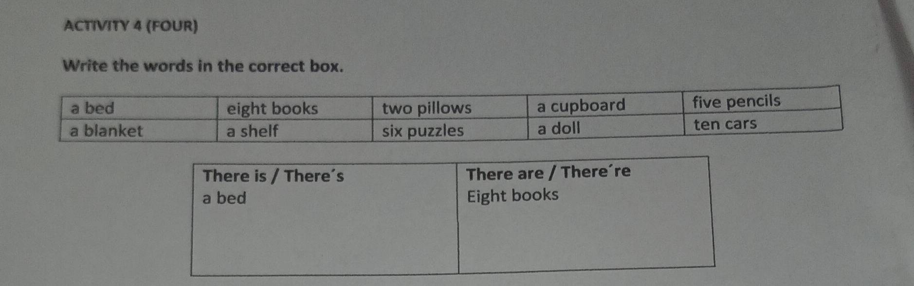 ACTIVITY 4 (FOUR) 
Write the words in the correct box.