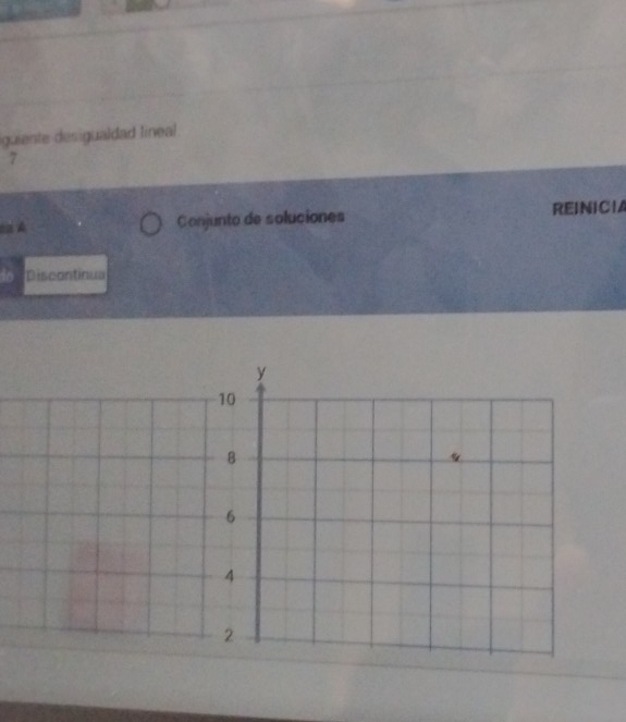 guiente desigualdad lineal 
7 
s A Conjunto de soluciones REINICIA 
Discontinua